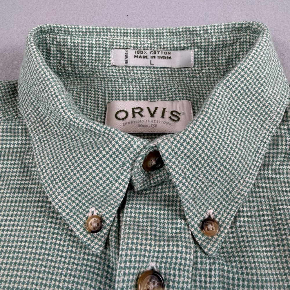 Orvis Mens Large Green Check Button Up Shirt Short Sleeve Cotton Casual - Picture 4 of 7